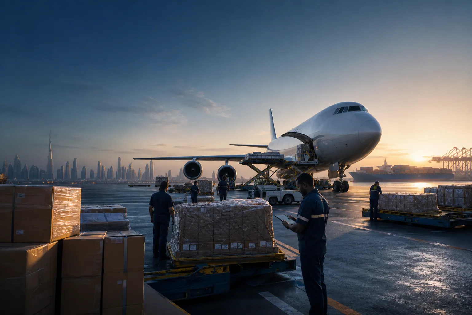 Cargo aircraft, shipment pallets and sea freight operating from Dubai