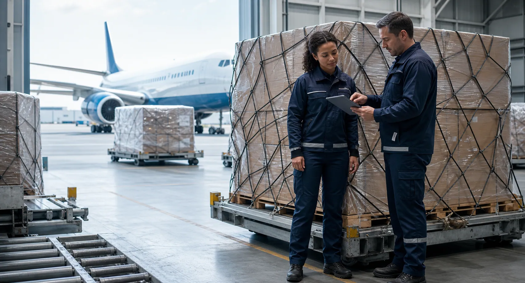 Cargo professionals reviewing a secured air-freight shipment